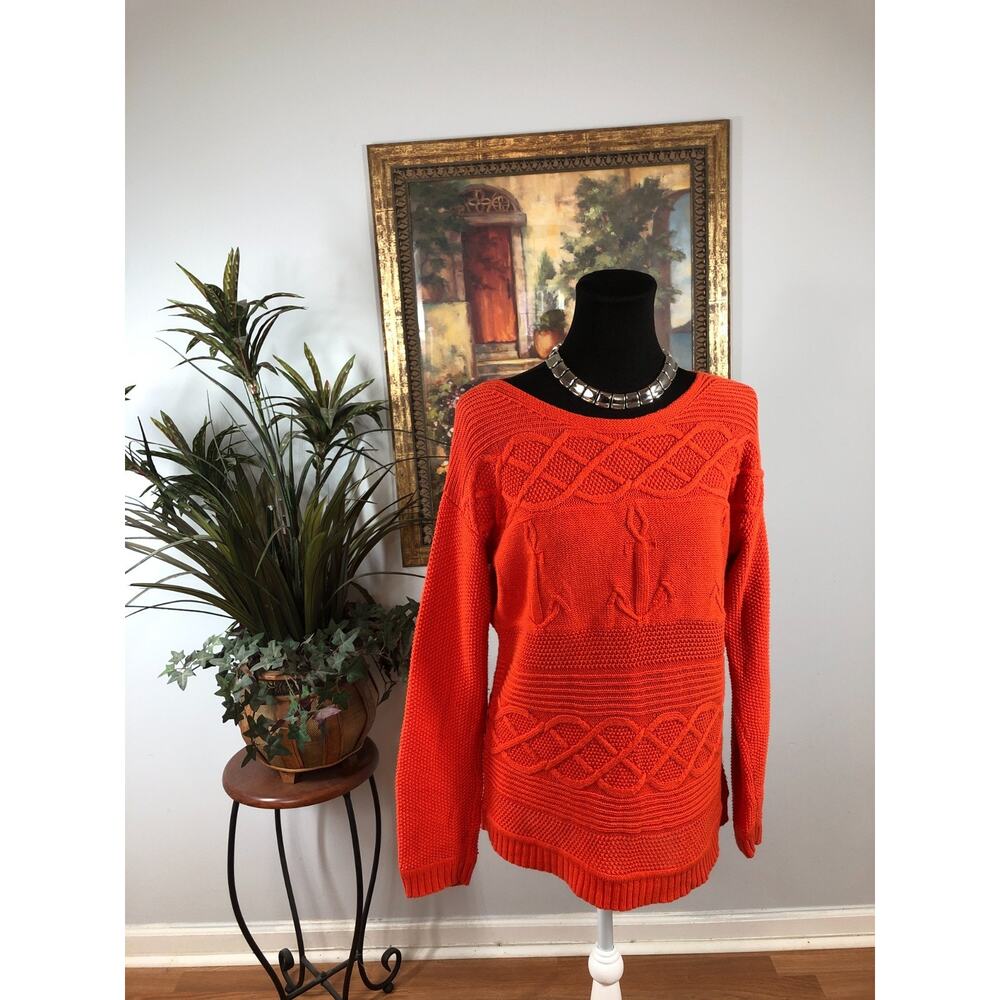 Talbots Sweater Women's M Orange Anchors Nautical‎ Long Sleeve 100% Cotton Knit